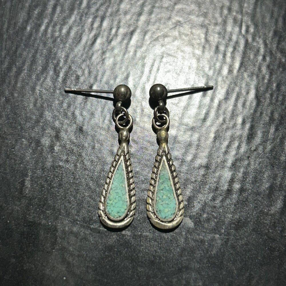 Vintage 925 Sterling Silver 1-5/16" Turquoise Inlay Slim Dangle Drop Earrings